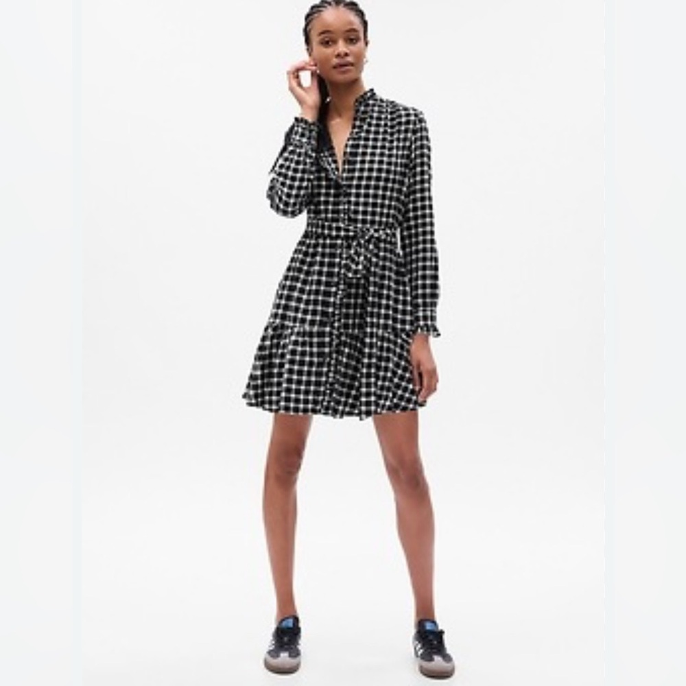 Gap Womens Large Plaid Flannel Dress Ruffles Tie Belt Fall Preppy Casual NWT
